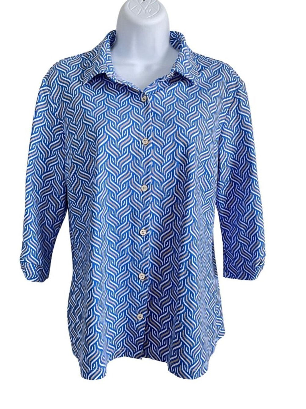 J McLaughlin Catalina Cloth Blue Geometric Button Front Top Sz L Preppy